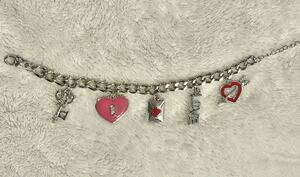 Silver Tone Love Heart Key Envelope Charm Bracelet Pink Red Enamel Adjustable